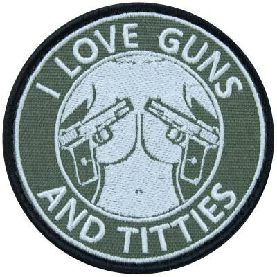 Нашивка ( шеврон патч patch ) тактическая I LOVE GUNS AND TITTIES вышитая на липучке D-8,5 оливковая дешево