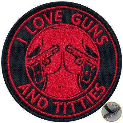 Нашивка ( шеврон патч patch ) тактическая I LOVE GUNS AND TITTIES вышитая на липучке D-8,5 черная в военторге