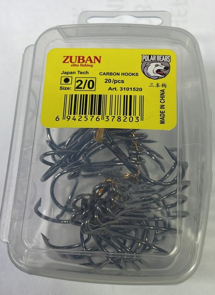 Крючки ZUBAN CARBON HOOKS Elite Fishing Крючок трайной упаковка 20 штук размер 2 0